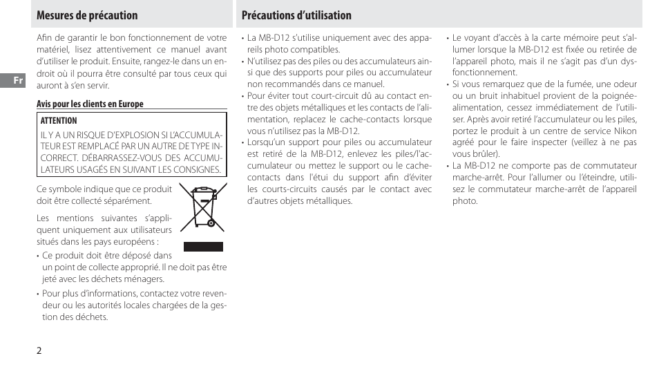 Mesures de précaution, Avis pour les clients en europe, Précautions d’utilisation | Nikon MB-D12 User Manual | Page 26 / 244