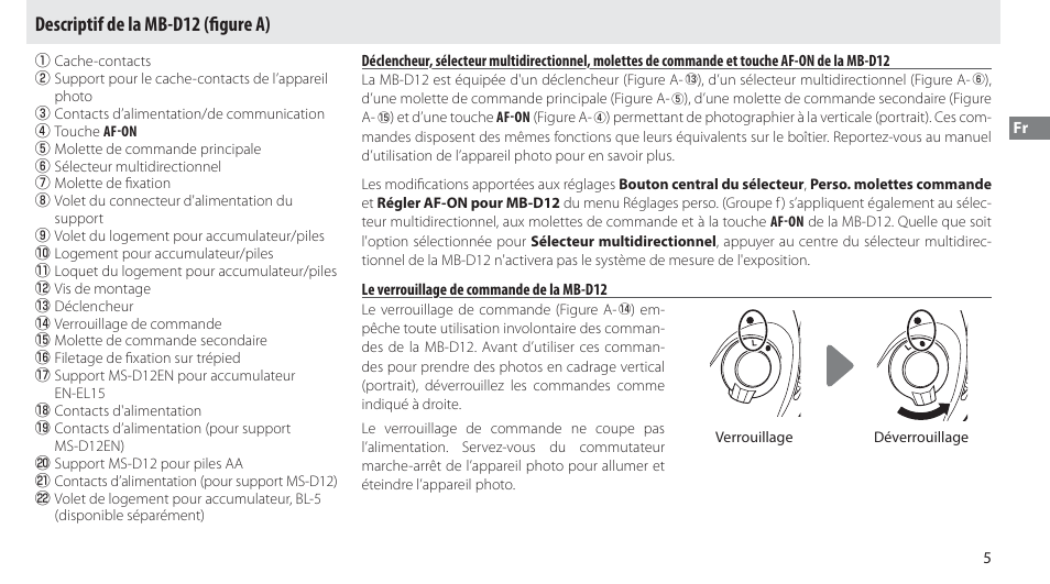 Descriptif de la mb-d12, Le verrouillage de commande de la mb-d12, Descriptif de la mb-d12 (fi gure a) | Nikon MB-D12 User Manual | Page 29 / 244