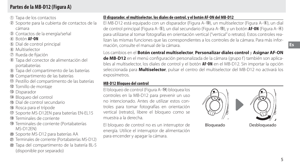 Partes de la mb-d12, Mb-d12 bloqueo del control, Partes de la mb-d12 (figura a) | Nikon MB-D12 User Manual | Page 39 / 244