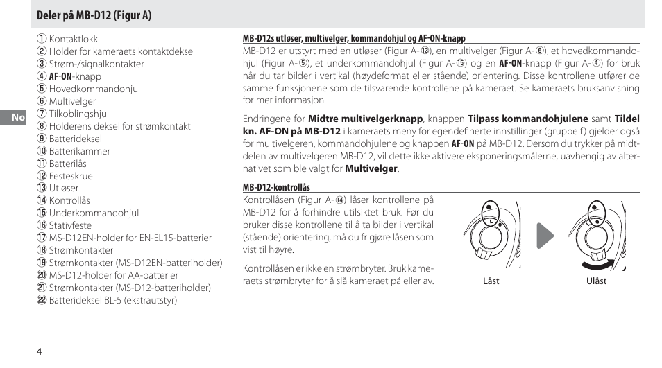 Deler på mb-d12, Mb-d12-kontrollås, Deler på mb-d12 (figur a) | Nikon MB-D12 User Manual | Page 48 / 244