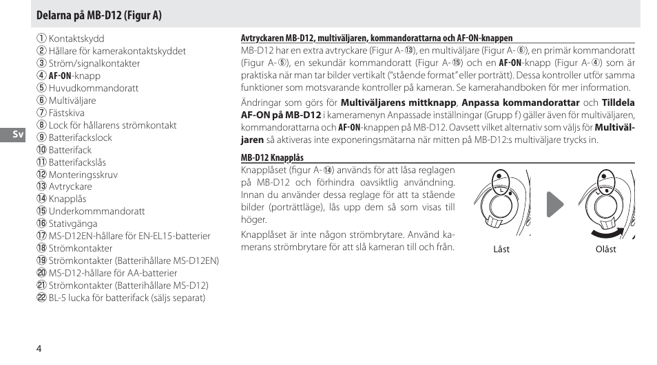 Delarna på mb-d12, Mb-d12 knapplås, Delarna på mb-d12 (figur a) | Nikon MB-D12 User Manual | Page 58 / 244