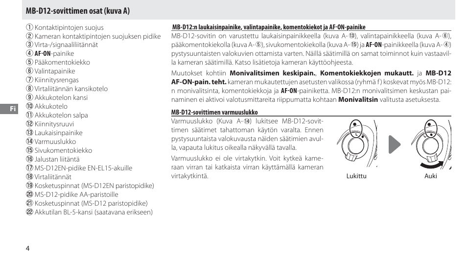 Mb-d12-sovittimen osat, Mb-d12-sovittimen varmuuslukko, Mb-d12-sovittimen osat (kuva a) | Nikon MB-D12 User Manual | Page 68 / 244