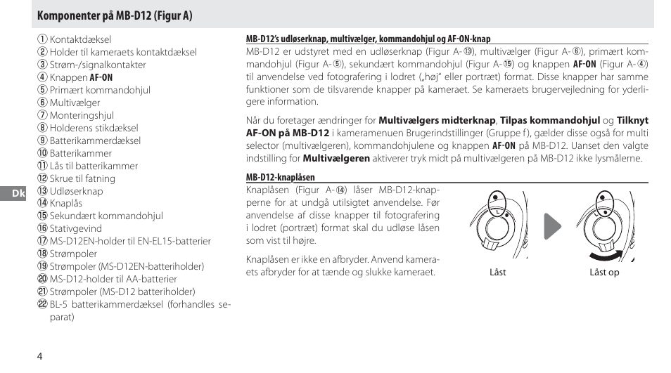 Komponenter på mb-d12, Mb-d12-knaplåsen, Komponenter på mb-d12 (figur a) | Nikon MB-D12 User Manual | Page 88 / 244