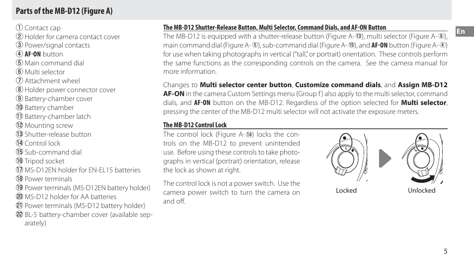 Parts of the mb-d12, The mb-d12 control lock, Parts of the mb-d12 (figure a) | Nikon MB-D12 User Manual | Page 9 / 244