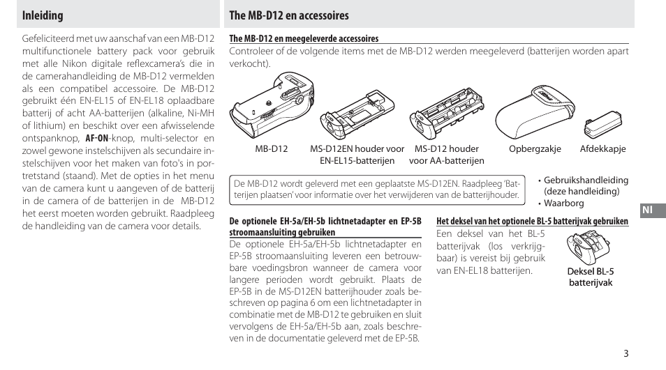 Inleiding, The mb-d12 en accessoires, The mb-d12 en meegeleverde accessoires | Inleiding the mb-d12 en accessoires | Nikon MB-D12 User Manual | Page 97 / 244