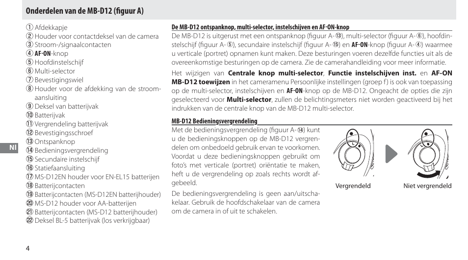 Onderdelen van de mb-d12, Mb-d12 bedieningsvergrendeling, Onderdelen van de mb-d12 (fi guur a) | Nikon MB-D12 User Manual | Page 98 / 244