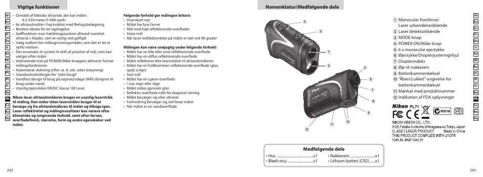 Vigtige funktioner nomenklatur/medfølgende dele, Medfølgende dele | Nikon COOLSHOT User Manual | Page 122 / 156