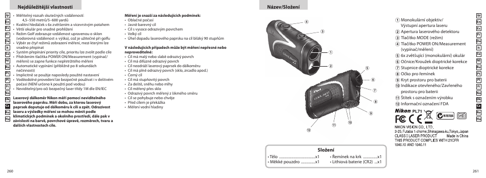 Nejdůležitější vlastnosti název/složení, Složení | Nikon COOLSHOT User Manual | Page 131 / 156