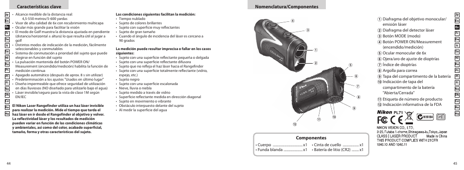 Características clave nomenclatura/componentes, Componentes | Nikon COOLSHOT User Manual | Page 23 / 156