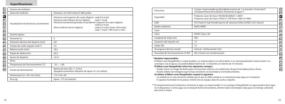 Especificaciones | Nikon COOLSHOT User Manual | Page 27 / 156