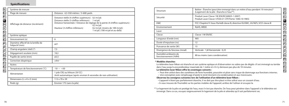 Spécifications | Nikon COOLSHOT User Manual | Page 36 / 156