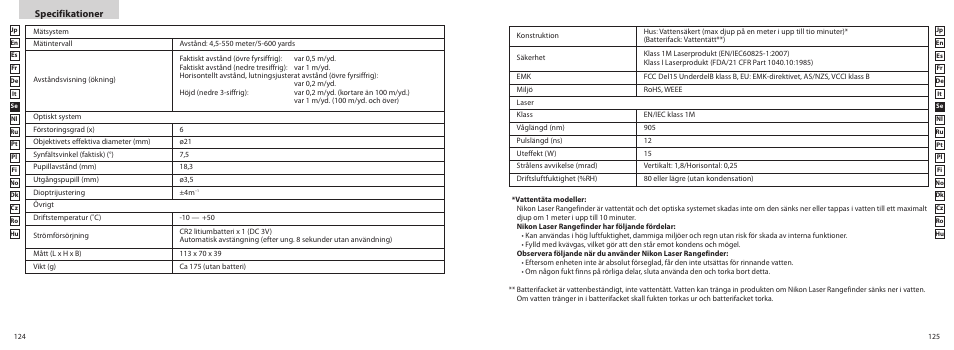 Specifikationer | Nikon COOLSHOT User Manual | Page 63 / 156