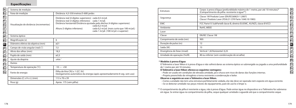 Especificações | Nikon COOLSHOT User Manual | Page 90 / 156