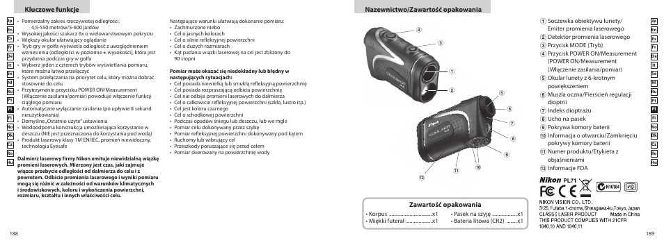 Kluczowe funkcje nazewnictwo/zawartość opakowania, Zawartość opakowania | Nikon COOLSHOT User Manual | Page 95 / 156