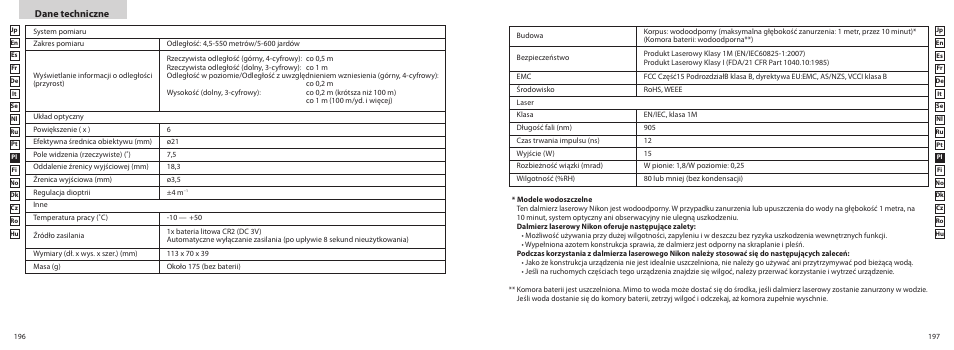 Dane techniczne | Nikon COOLSHOT User Manual | Page 99 / 156