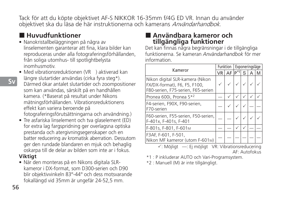 Jp en de fr es sv ru nl it cz sk ck ch kr, Användbara kameror och tillgängliga funktioner, Huvudfunktioner | Nikon 16-35mm-f-4G-AF-S-VR-Zoom-Nikkor User Manual | Page 56 / 152