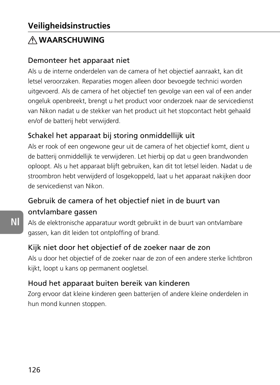 Veiligheidsinstructies | Nikon 500mm-f4G-ED-AF-S-VR-Nikkor User Manual | Page 126 / 224