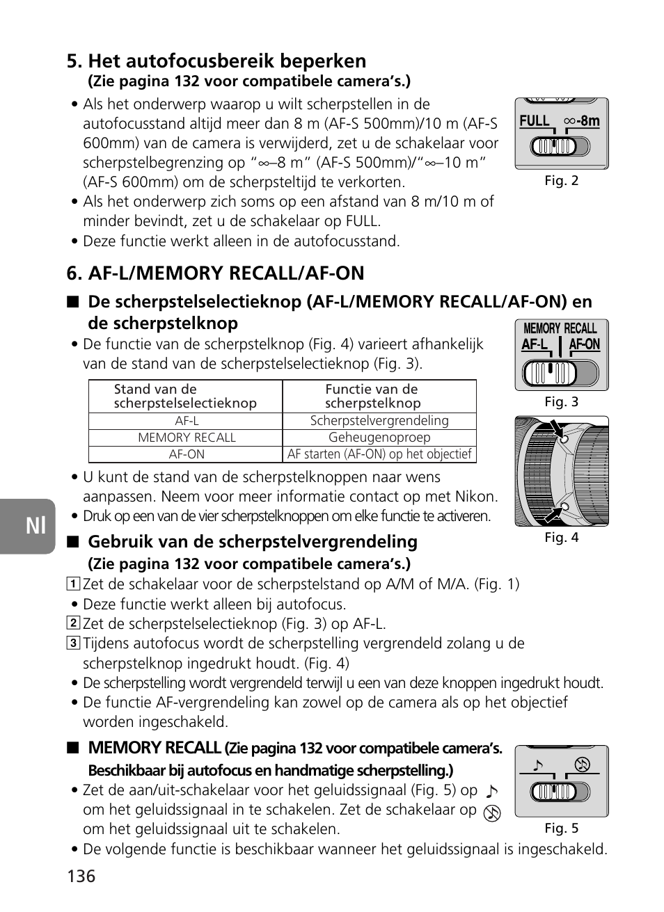 Het autofocusbereik beperken | Nikon 500mm-f4G-ED-AF-S-VR-Nikkor User Manual | Page 136 / 224
