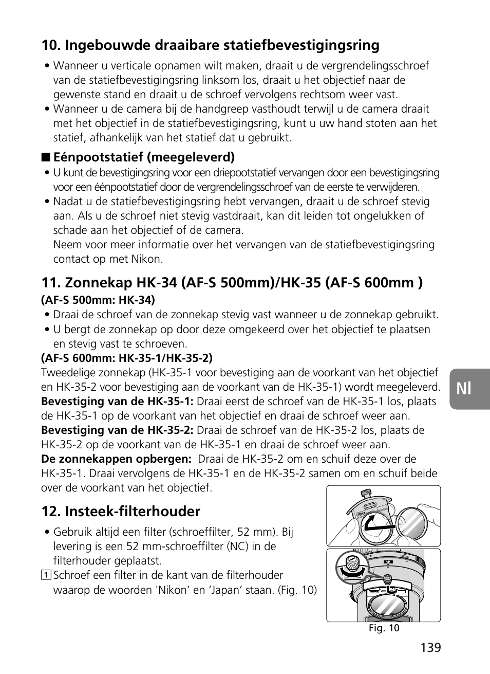 Ingebouwde draaibare statiefbevestigingsring, Insteek-filterhouder | Nikon 500mm-f4G-ED-AF-S-VR-Nikkor User Manual | Page 139 / 224
