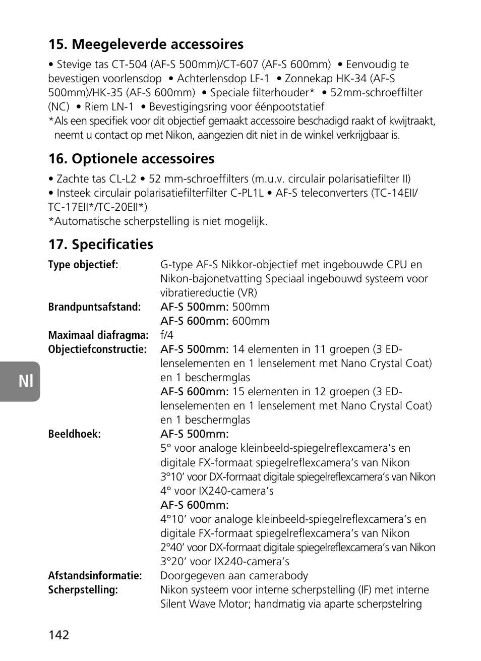 Meegeleverde accessoires, Optionele accessoires, Specificaties | Nikon 500mm-f4G-ED-AF-S-VR-Nikkor User Manual | Page 142 / 224