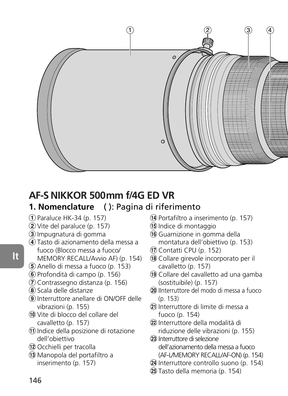 Af-s nikkor 500mm f/4g ed vr, Nomenclature ( ): pagina di riferimento | Nikon 500mm-f4G-ED-AF-S-VR-Nikkor User Manual | Page 146 / 224