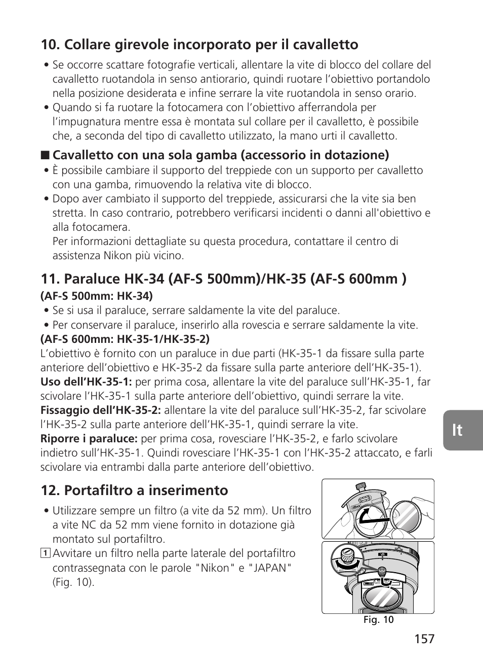 Collare girevole incorporato per il cavalletto, Portafiltro a inserimento | Nikon 500mm-f4G-ED-AF-S-VR-Nikkor User Manual | Page 157 / 224