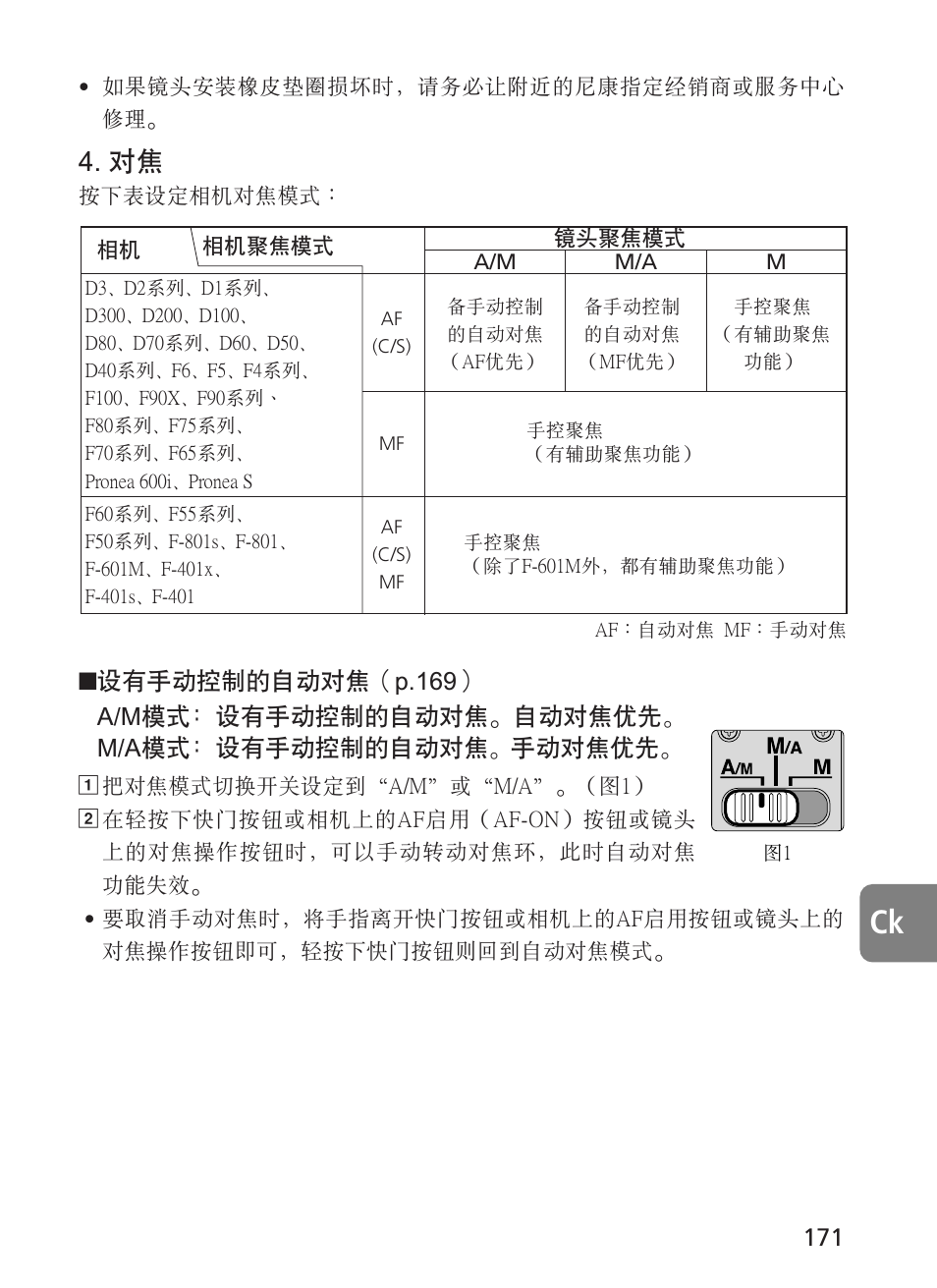 設有手動控制的自動對焦（p.169） a/m模式﹕設有手動控制的自動對焦 -自動對焦優先, M/a模式﹕設有手動控制的自動對焦, 手動對焦優先 | Nikon 500mm-f4G-ED-AF-S-VR-Nikkor User Manual | Page 171 / 224