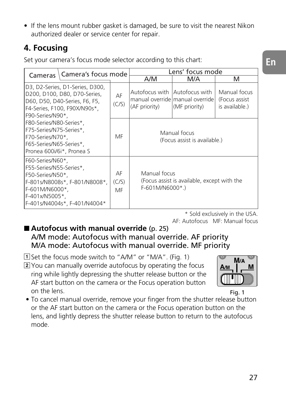 Focusing, Autofocus with manual override | Nikon 500mm-f4G-ED-AF-S-VR-Nikkor User Manual | Page 27 / 224