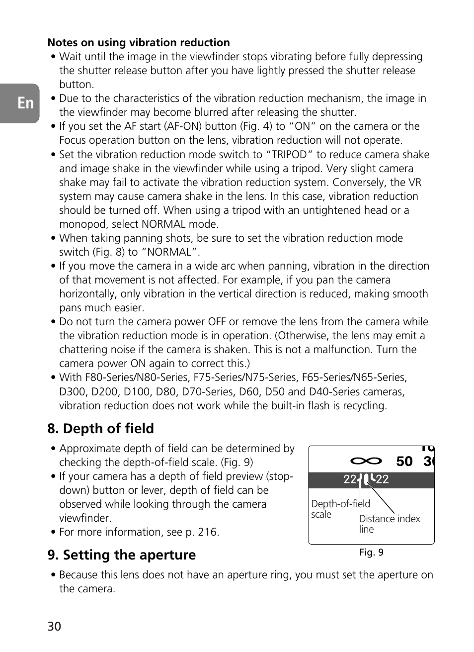 Depth of field, Setting the aperture | Nikon 500mm-f4G-ED-AF-S-VR-Nikkor User Manual | Page 30 / 224