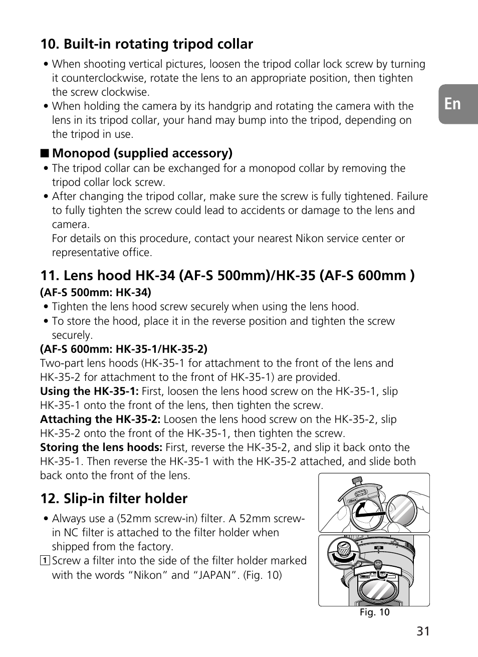 Built-in rotating tripod collar, Slip-in filter holder | Nikon 500mm-f4G-ED-AF-S-VR-Nikkor User Manual | Page 31 / 224