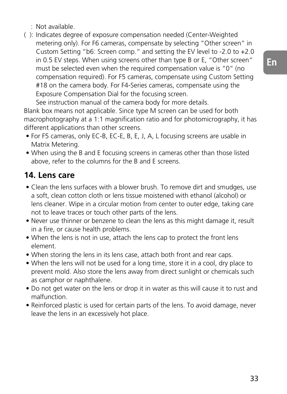 Lens care | Nikon 500mm-f4G-ED-AF-S-VR-Nikkor User Manual | Page 33 / 224