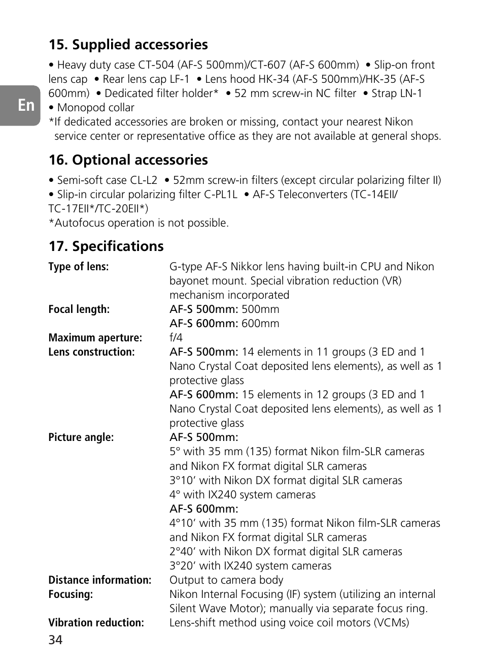 Supplied accessories, Optional accessories, Specifications | Nikon 500mm-f4G-ED-AF-S-VR-Nikkor User Manual | Page 34 / 224