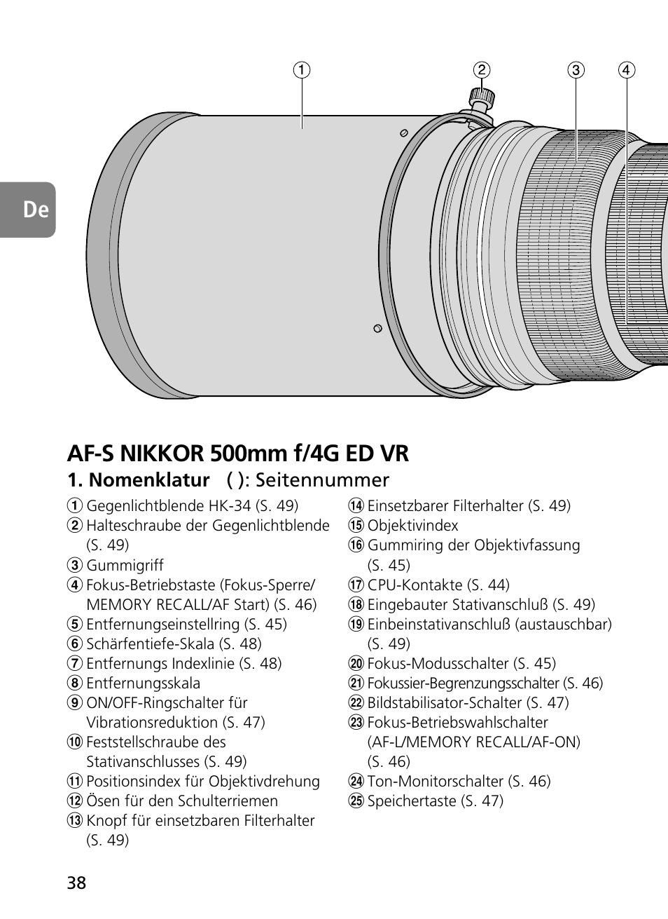 Af-s nikkor 500mm f/4g ed vr, Nomenklatur ( ): seitennummer | Nikon 500mm-f4G-ED-AF-S-VR-Nikkor User Manual | Page 38 / 224
