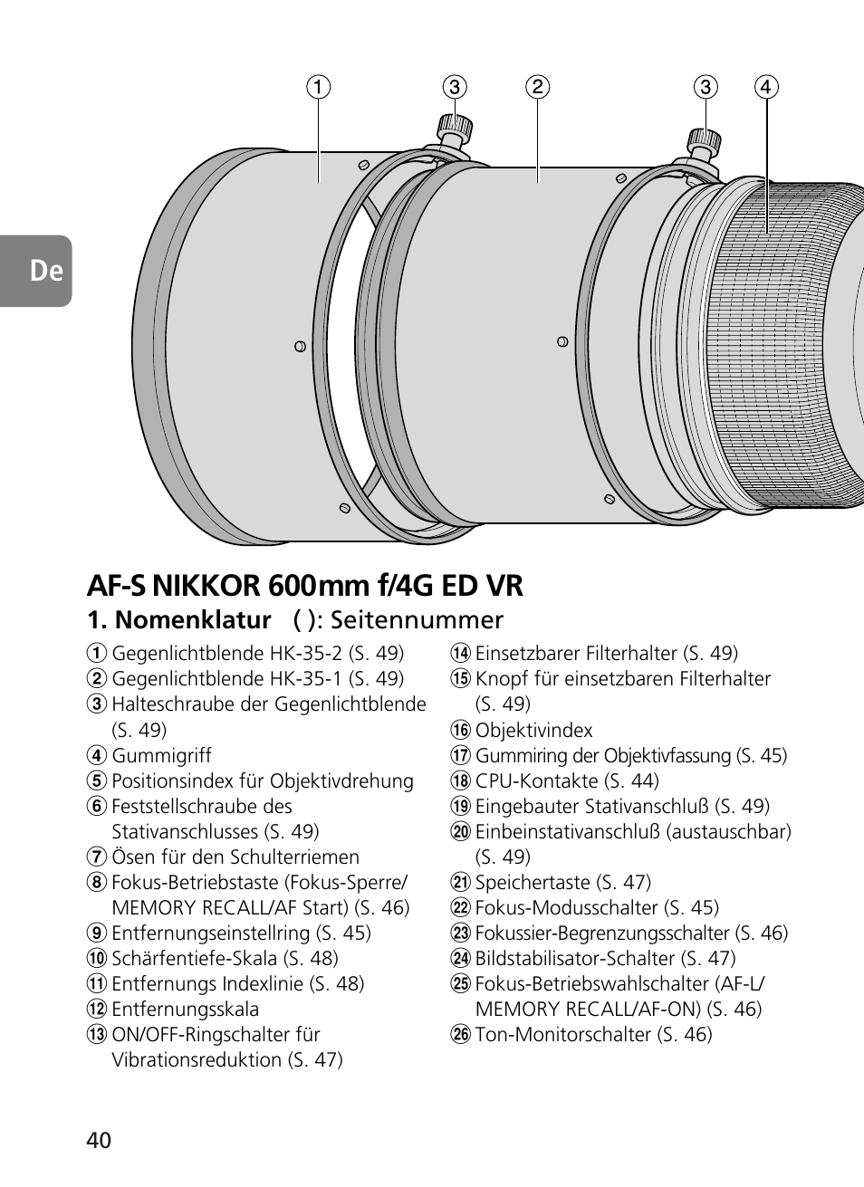 Af-s nikkor 600mm f/4g ed vr de, Nomenklatur ( ): seitennummer | Nikon 500mm-f4G-ED-AF-S-VR-Nikkor User Manual | Page 40 / 224