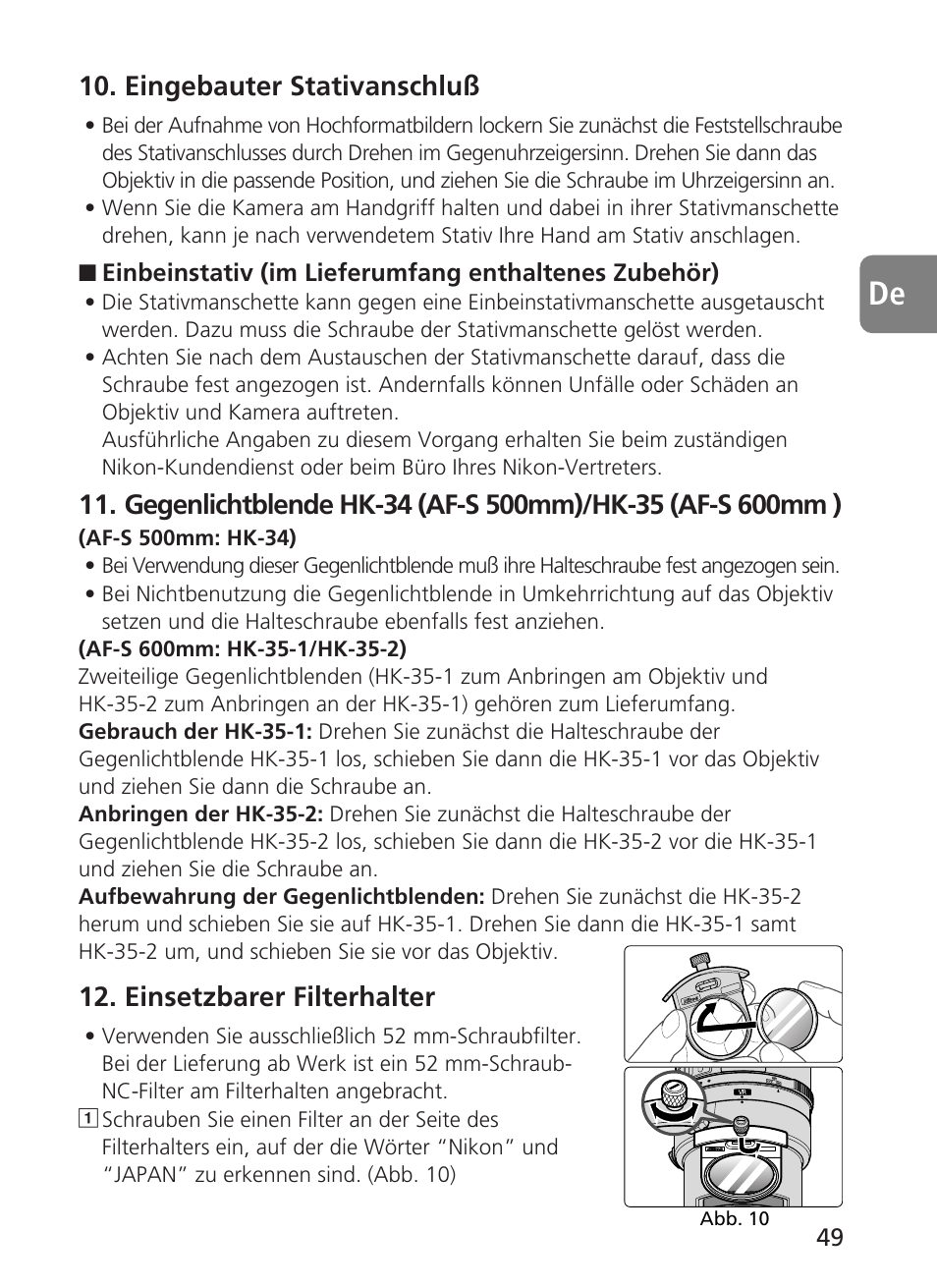 Eingebauter stativanschluß, Einsetzbarer filterhalter | Nikon 500mm-f4G-ED-AF-S-VR-Nikkor User Manual | Page 49 / 224