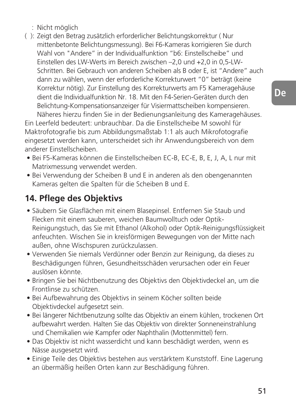 Pflege des objektivs | Nikon 500mm-f4G-ED-AF-S-VR-Nikkor User Manual | Page 51 / 224