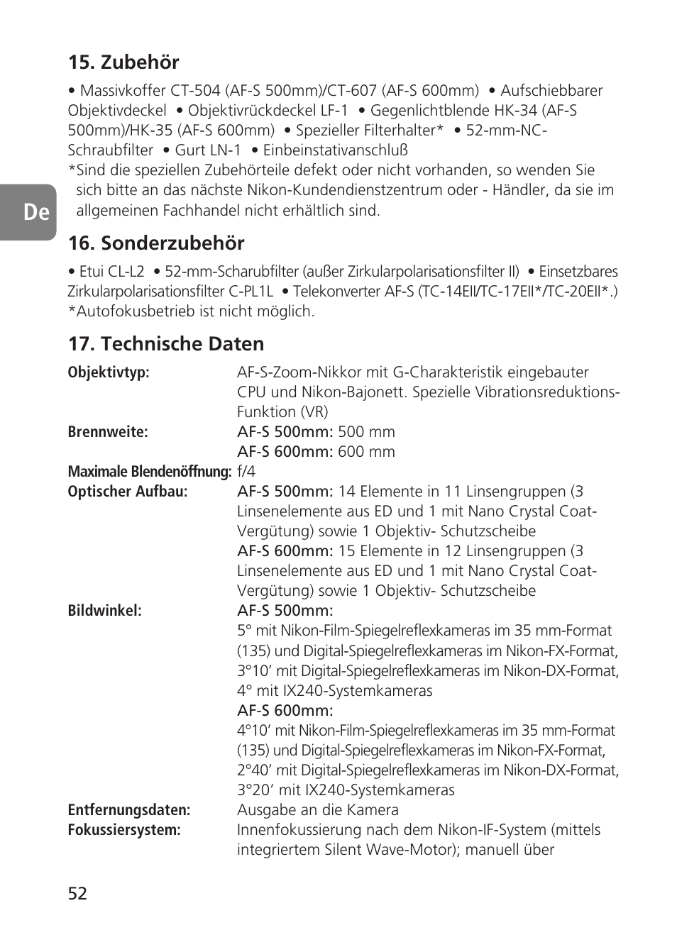 Zubehör, Sonderzubehör, Technische daten | Nikon 500mm-f4G-ED-AF-S-VR-Nikkor User Manual | Page 52 / 224