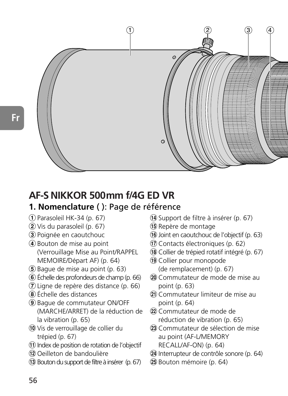 Af-s nikkor 500mm f/4g ed vr, Nomenclature ( ): page de référence | Nikon 500mm-f4G-ED-AF-S-VR-Nikkor User Manual | Page 56 / 224