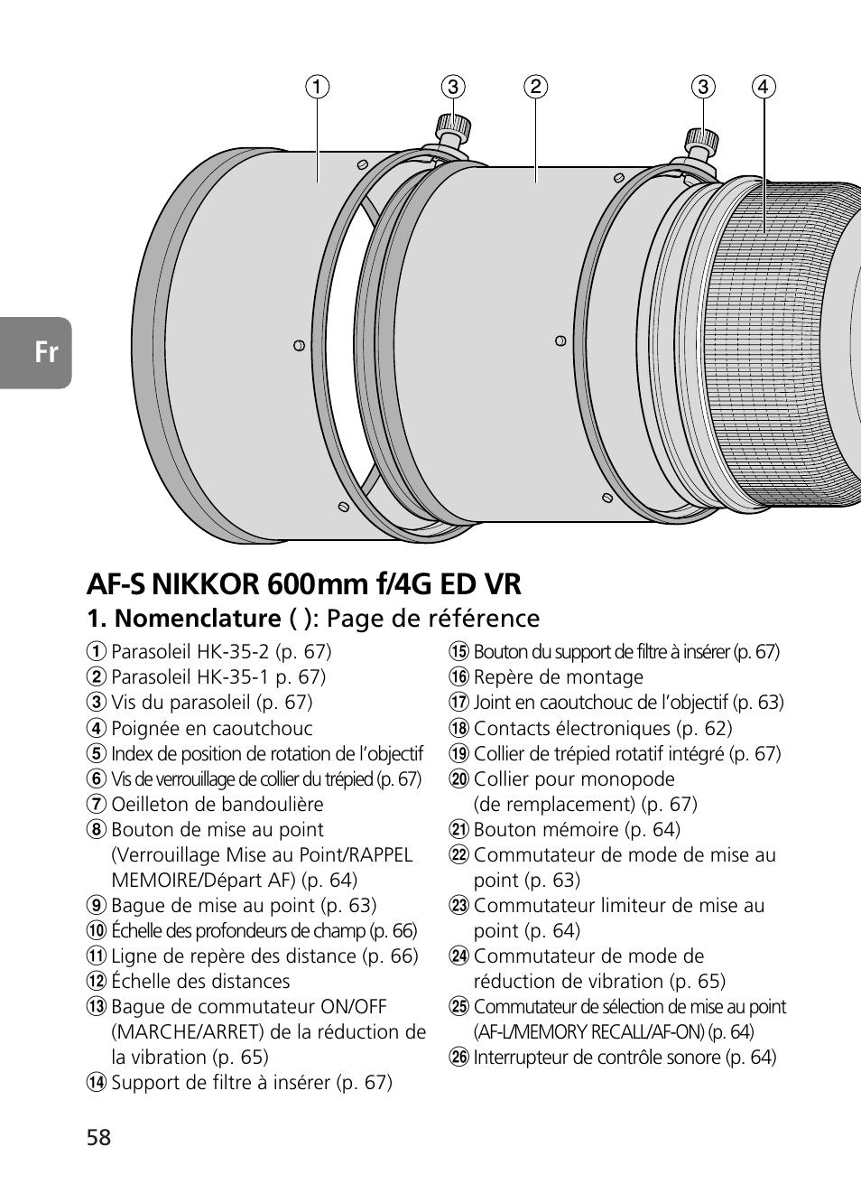 Af-s nikkor 600mm f/4g ed vr fr, Nomenclature ( ): page de référence | Nikon 500mm-f4G-ED-AF-S-VR-Nikkor User Manual | Page 58 / 224