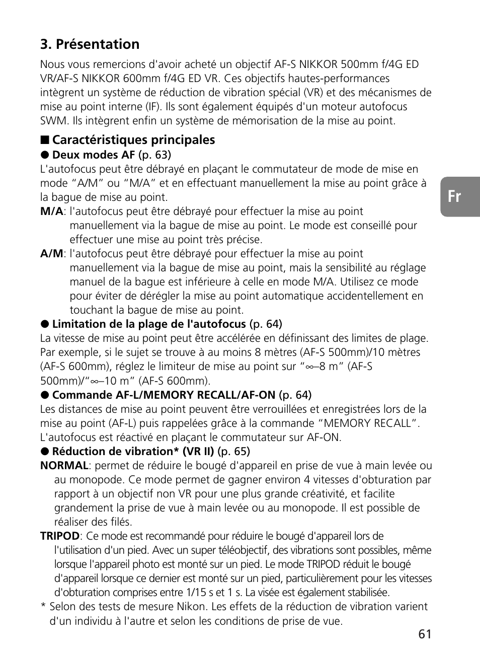 Présentation | Nikon 500mm-f4G-ED-AF-S-VR-Nikkor User Manual | Page 61 / 224