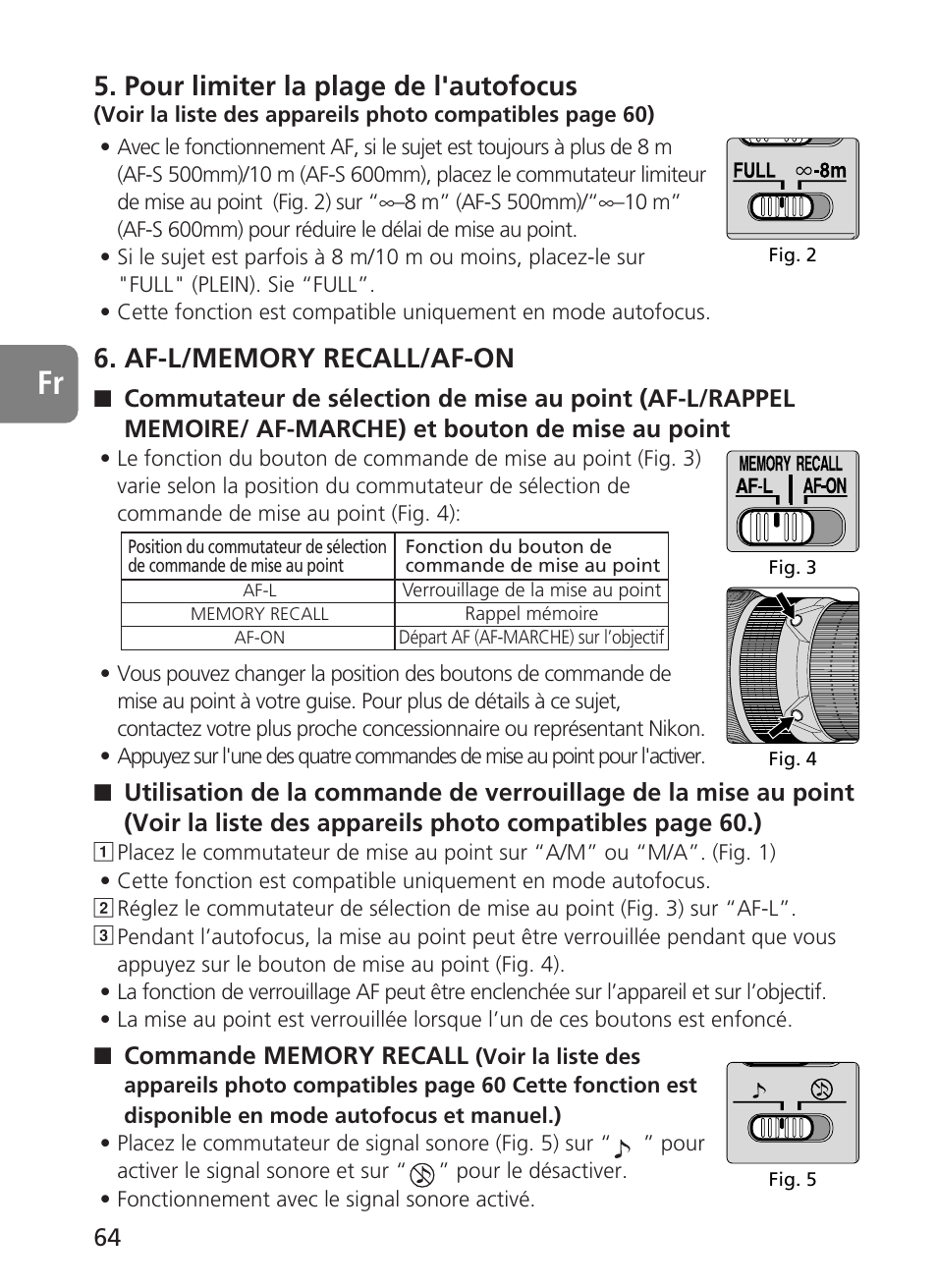 Pour limiter la plage de l'autofocus | Nikon 500mm-f4G-ED-AF-S-VR-Nikkor User Manual | Page 64 / 224