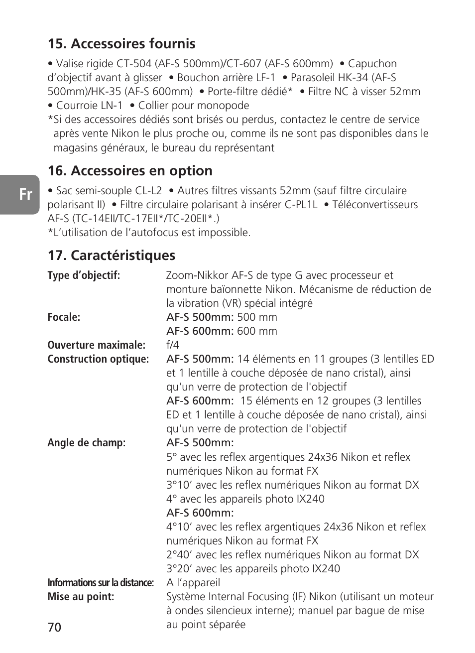 Accessoires fournis, Accessoires en option, Caractéristiques | Nikon 500mm-f4G-ED-AF-S-VR-Nikkor User Manual | Page 70 / 224