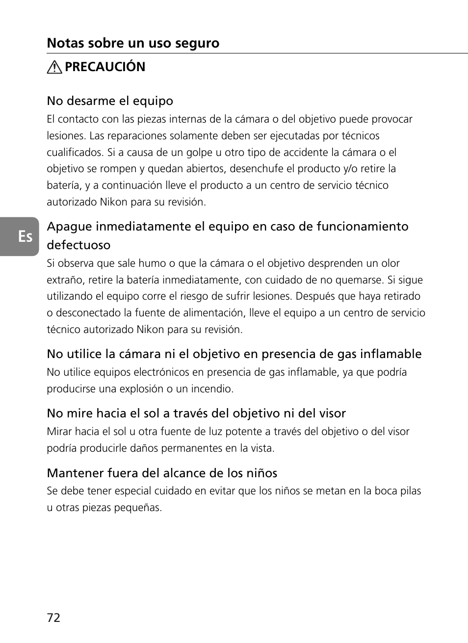 Notas sobre un uso seguro | Nikon 500mm-f4G-ED-AF-S-VR-Nikkor User Manual | Page 72 / 224