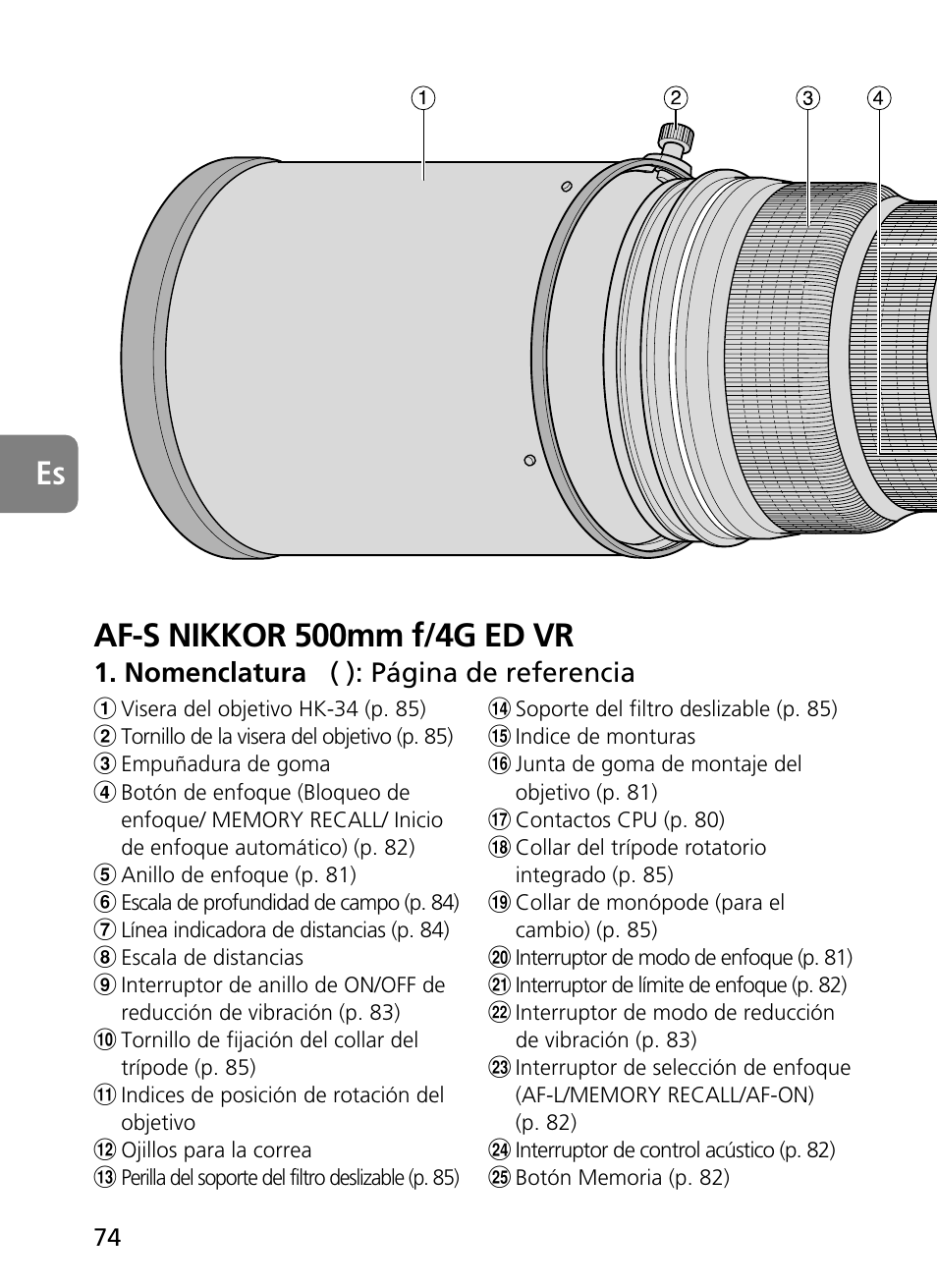 Es af-s nikkor 500mm f/4g ed vr, Nomenclatura ( ): página de referencia | Nikon 500mm-f4G-ED-AF-S-VR-Nikkor User Manual | Page 74 / 224