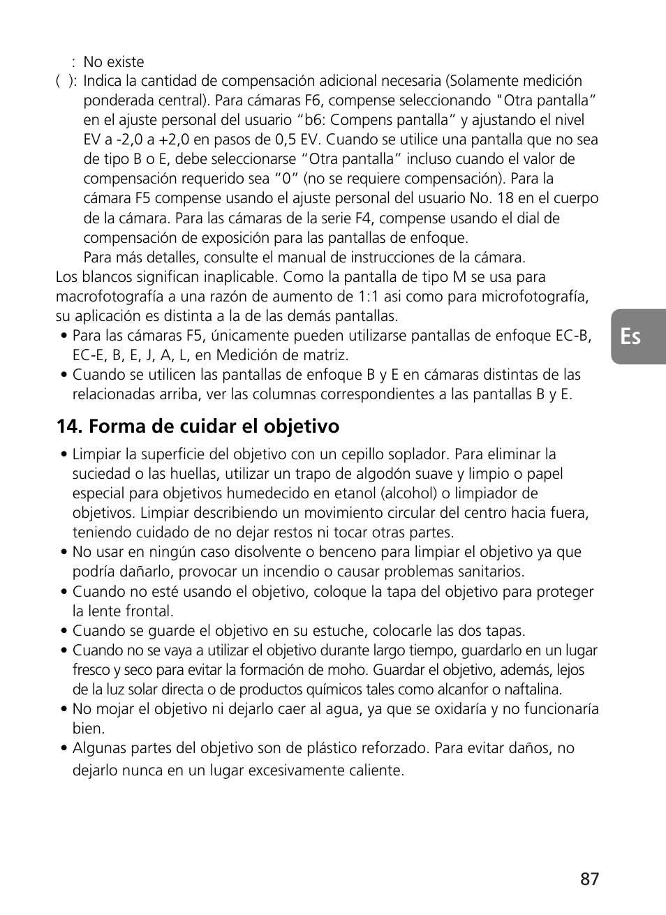 Forma de cuidar el objetivo | Nikon 500mm-f4G-ED-AF-S-VR-Nikkor User Manual | Page 87 / 224