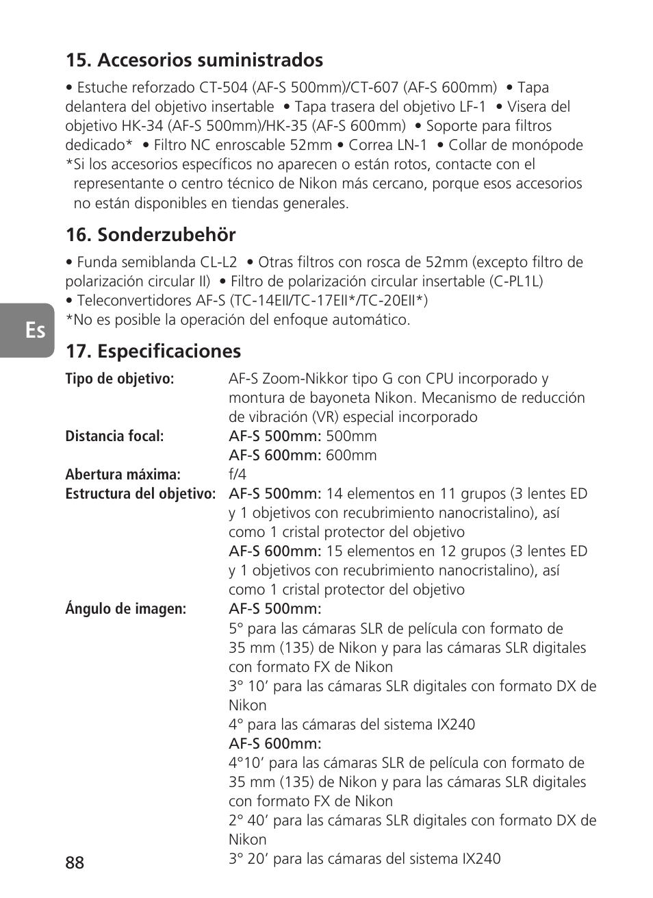 Accesorios suministrados, Sonderzubehör, Especificaciones | Nikon 500mm-f4G-ED-AF-S-VR-Nikkor User Manual | Page 88 / 224