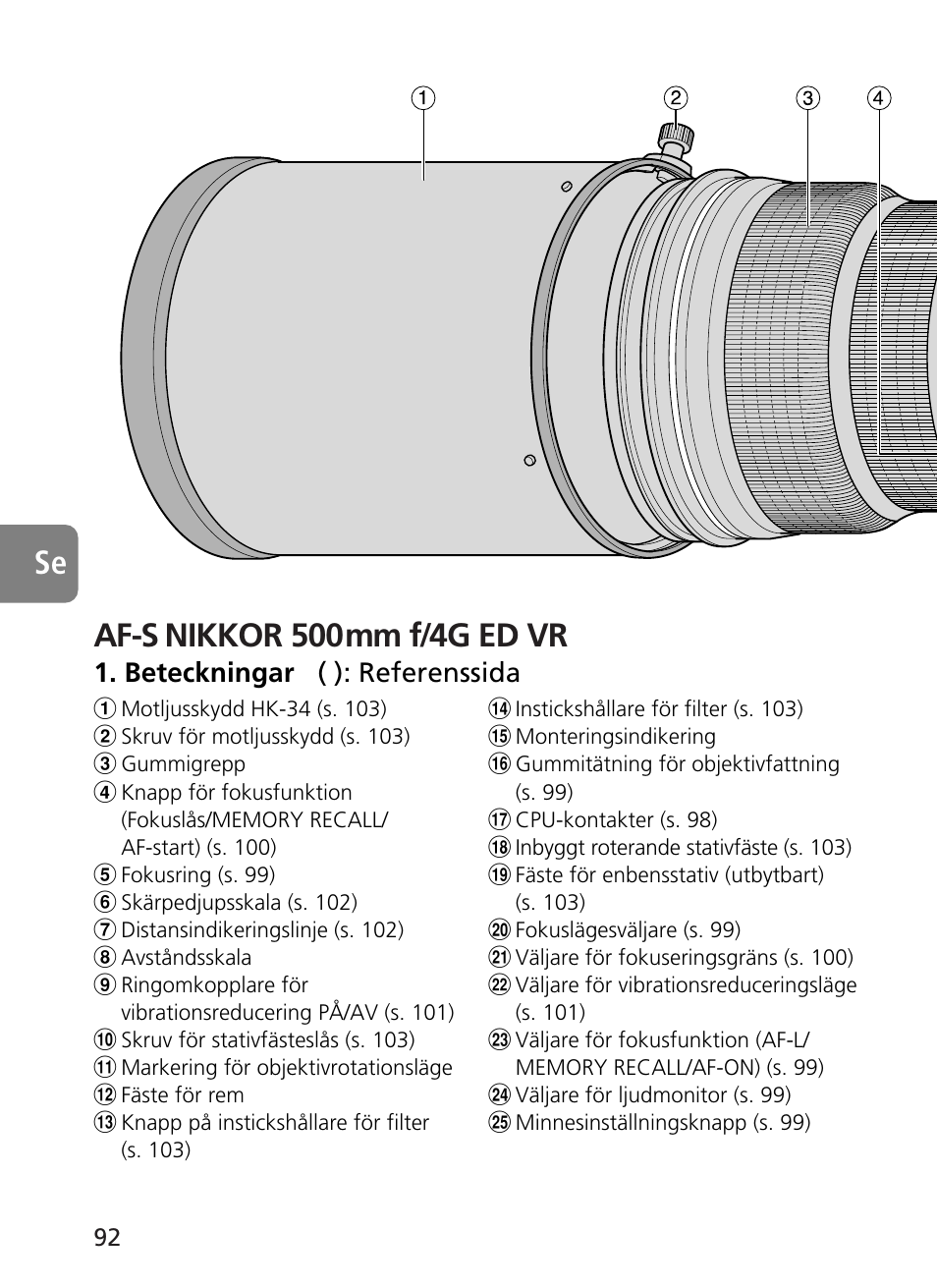 Af-s nikkor 500mm f/4g ed vr, Beteckningar ( ): referenssida | Nikon 500mm-f4G-ED-AF-S-VR-Nikkor User Manual | Page 92 / 224