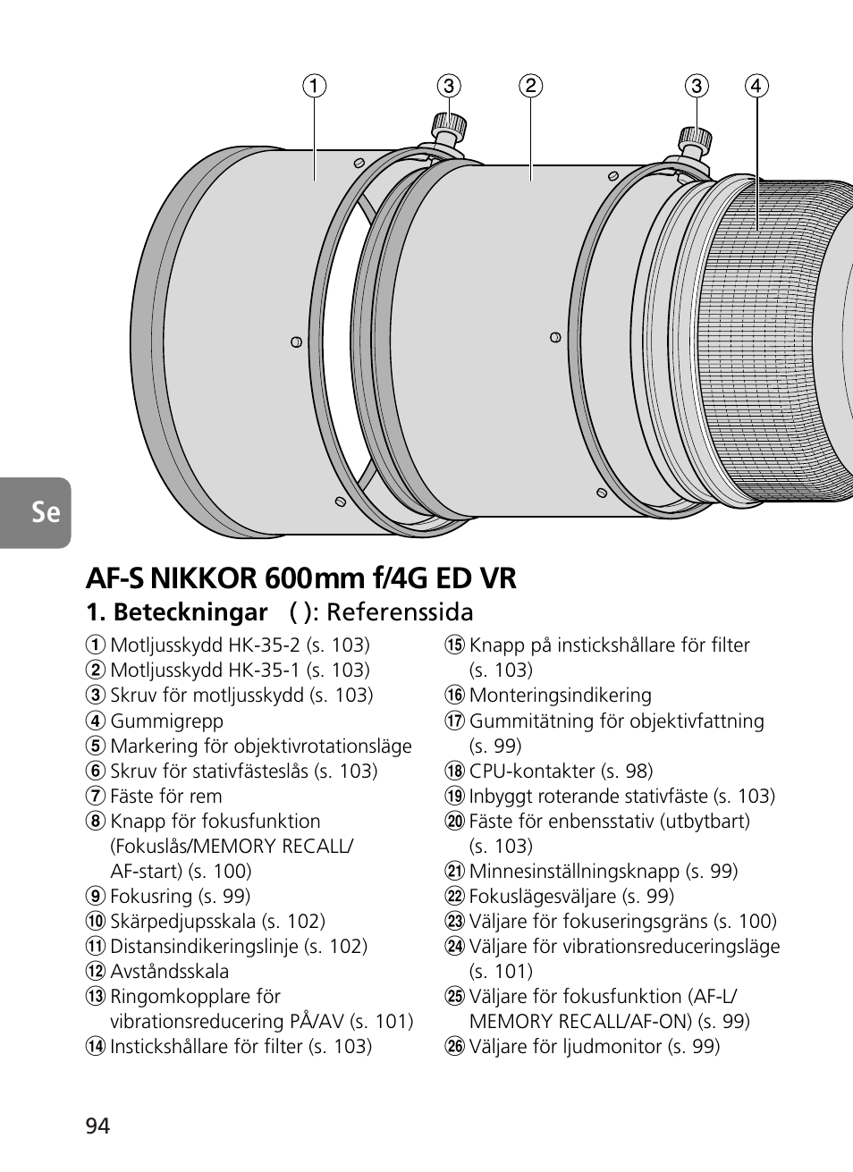 Af-s nikkor 600mm f/4g ed vr se, Beteckningar ( ): referenssida | Nikon 500mm-f4G-ED-AF-S-VR-Nikkor User Manual | Page 94 / 224