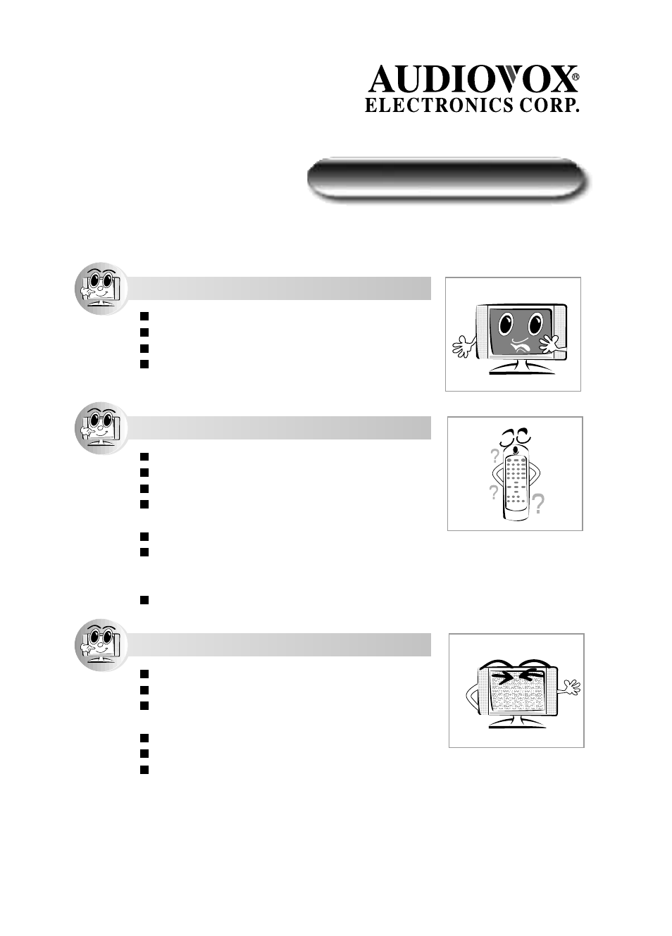 Troubleshooting, Picture too dark, Remote control failure | Picture is blurry | Audiovox FP1520 User Manual | Page 43 / 46