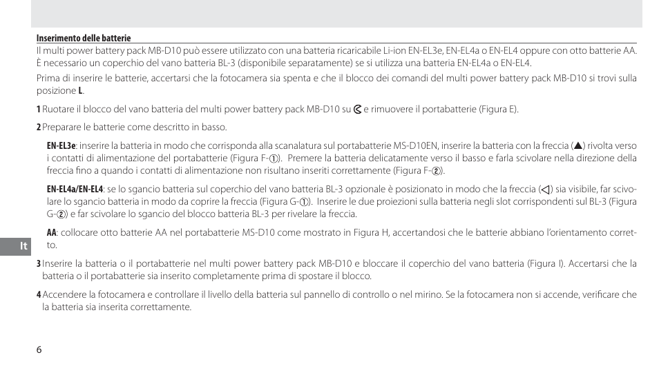 Inserimento delle batterie | Nikon MB-D10 User Manual | Page 106 / 155